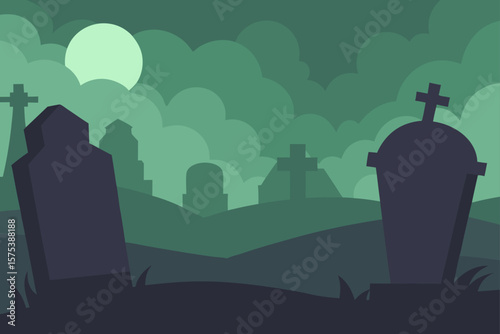 Abandoned Graveyard with Tilted Tombstones and Mist