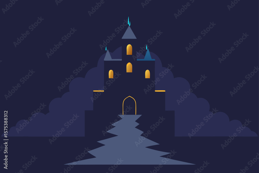 Fototapeta premium Dark Castle Surrounded by Thunderclouds Glowing Silhouettes