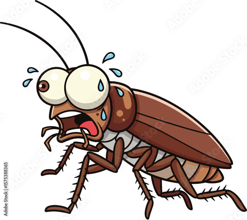 Funny cartoon cockroach character, scared insect illustration, shocked bug vector, humorous pest design, emotional reaction, comic style artwork, vector clipart
