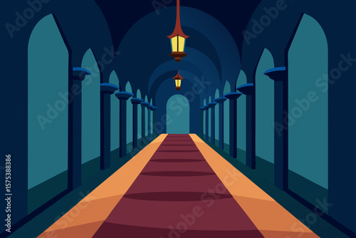 Long Hallway of a Mansion with Flickering Candelabras
