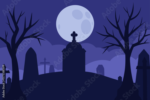 Moonlit Graveyard with Fog and Bare Trees