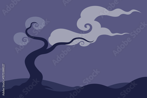 Swirling Mist Over a Lone Gnarled Tree at Twilight