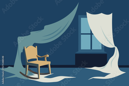 Victorian Bedroom with Tattered Curtains Blowing in Wind