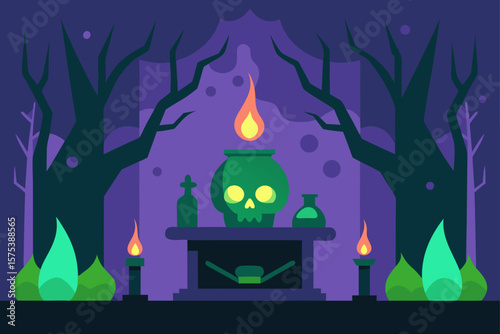 Witchs Altar in the Forest with Potions Skulls and Candles