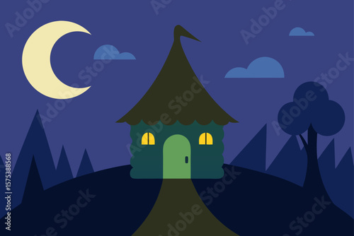 Witchs Hut in a Secluded Moonlit Clearing