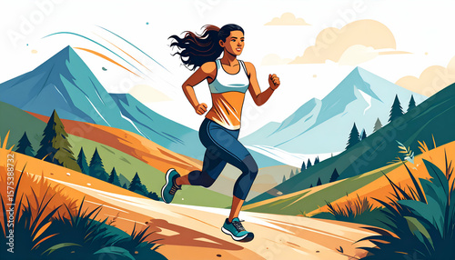 Woman jogging mountain trail.