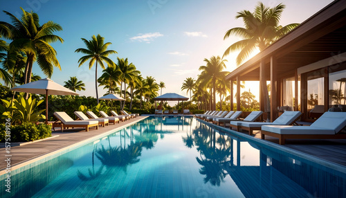 Tropical Resort Pool Sunset.