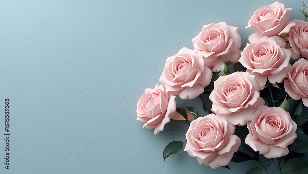 A beautiful bouquet of pink roses on a light blue background A beautiful bouquet of pink roses on a light blue background