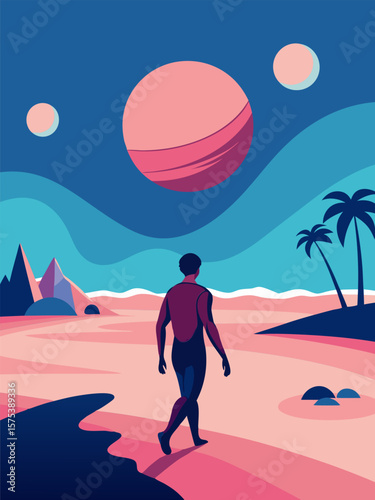 Surreal Journey. A Solitary Figure Walks on an Alien Planet's Pink Beach