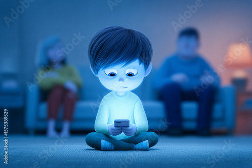 Digital Moment. Animated child focuses on phone, sitting with blurred parents
