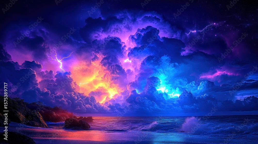 Fototapeta premium Night storm over a beach. Vivid colors