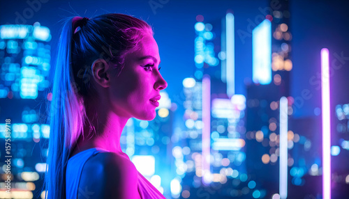 Woman with city night, neon lights, and profile.
