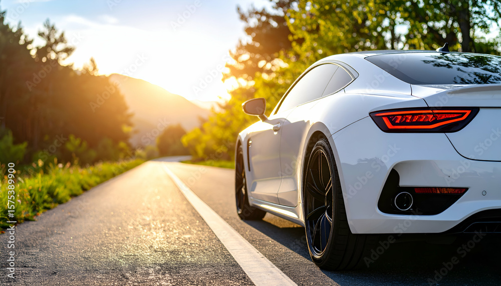 Fototapeta premium White sports car sunset road trip.