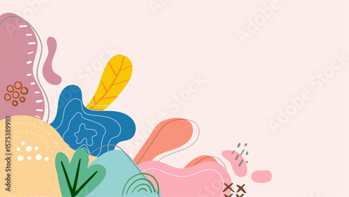 Abstract pastel shapes and leaves create a vibrant design. Perfect for backgrounds, invitations, posters, and social media graphics with a colorful theme.