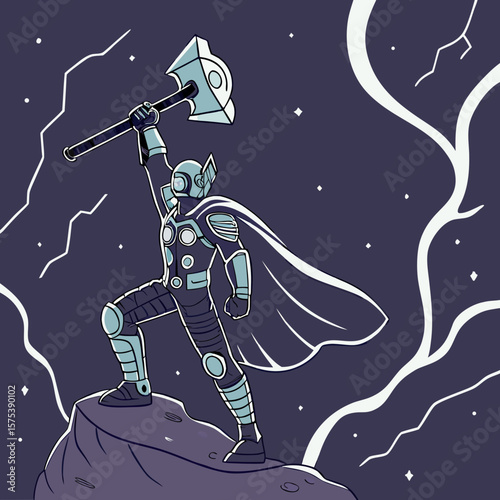 Futuristic thunder hero holding an electric war axe, standing on a floating rock in space, stars and lightning trails illuminating the scene