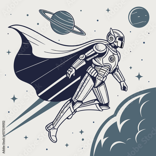 Futuristic version of a flying hero wearing sleek metallic armor with a plasma-powered cape, speeding past satellites in outer space