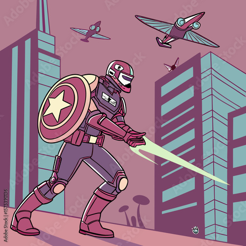 Futuristic version of a star-spangled warrior using a holographic shield, in battle with drones in a cyberpunk cityscape
