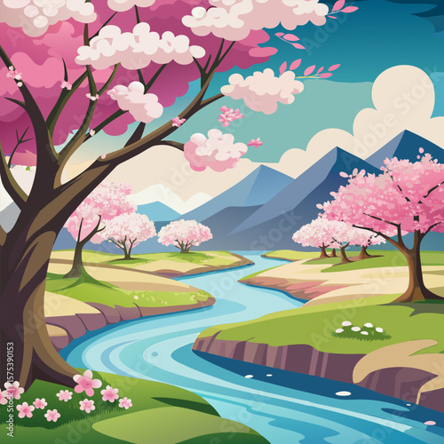 Serene Spring Landscape. Cherry Blossoms and River