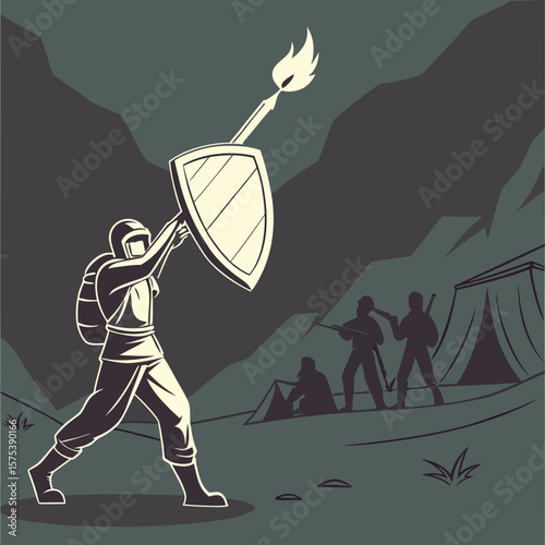 Masked defender leading a group of resistance fighters, holding the shield like a beacon, lit by torchlight in a rebel-style setting