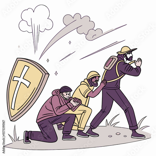 Hero protecting civilians with his shield during a crisis, kneeling with determination, explosions and chaos in the background