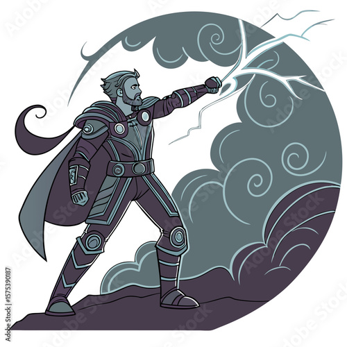warrior with sword, Modern-day storm warrior in leather and metal armor, channeling electricity through his arm, surrounded by storm clouds and glowing runes