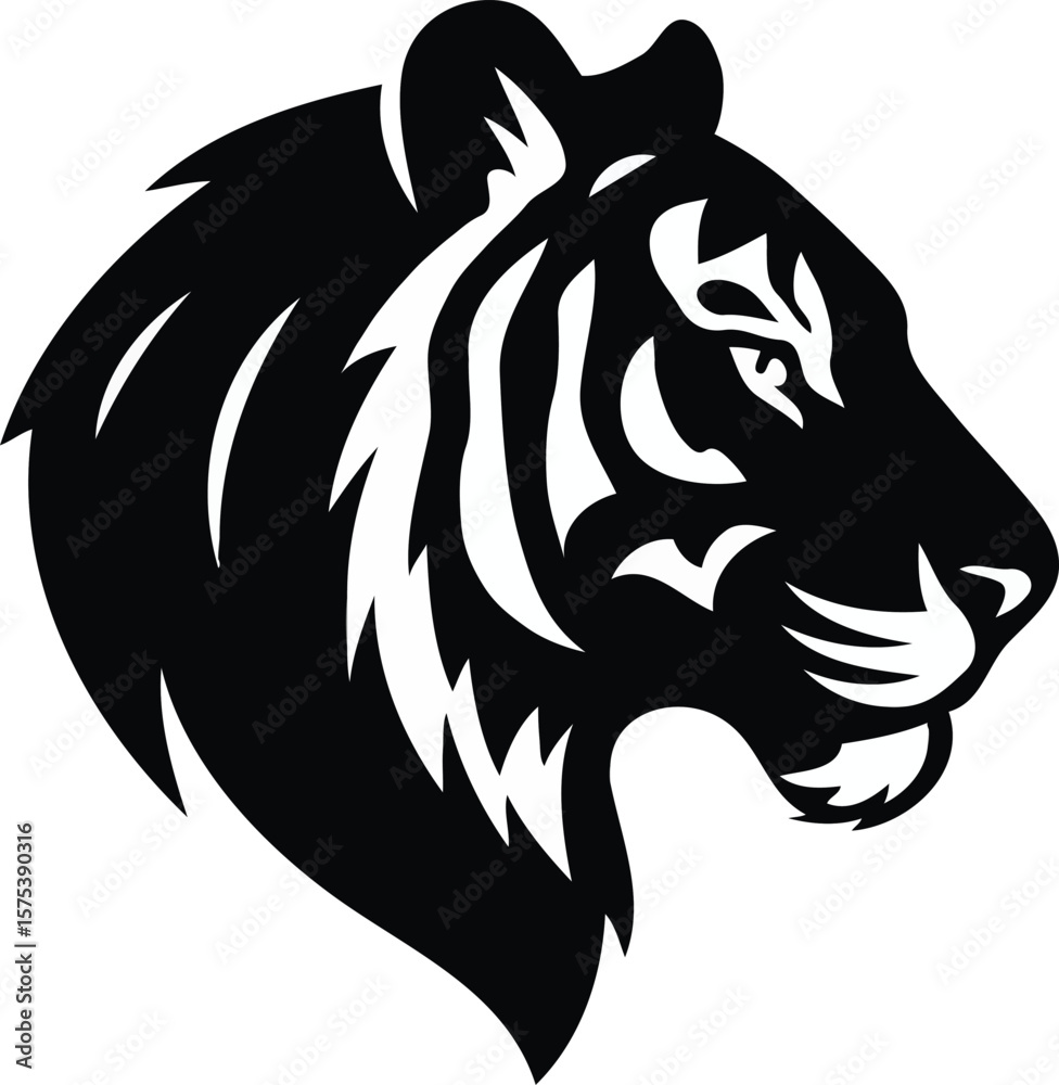 Obraz premium Majestic Tiger Head Powerful Black and White Vector Illustration
