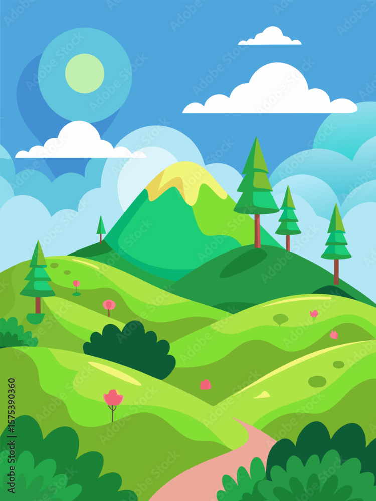 Fototapeta premium Serene Green Hills and Mountain View. A Peaceful Nature Scene
