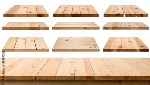 Wooden tabletops with various sizes, and white background.