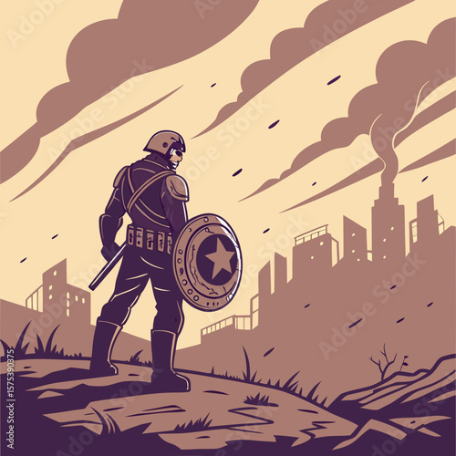 vector illustration of a soldier, Shield-wielding super soldier standing on a battlefield at sunset, dust and debris swirling, with war-torn city skyline behind him