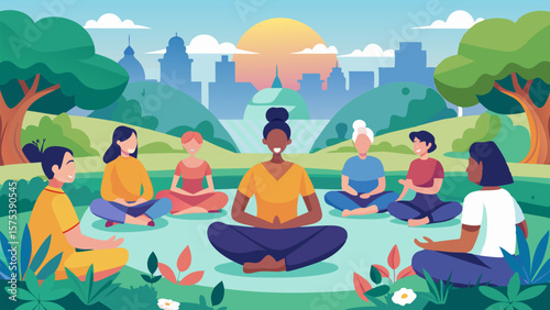 Mindfulness and Meditation in the Park. Women Practicing Yoga and Finding Inner Peace