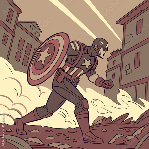 Super soldier charging forward with energy shield glowing, surrounded by explosions, in a dramatic war scene with comic book realism