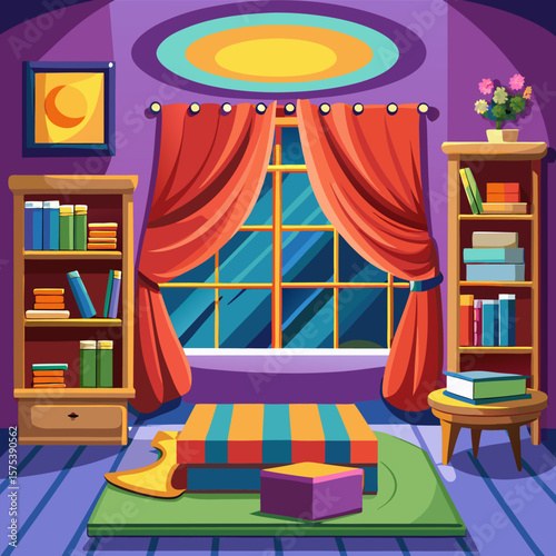 Cozy Room Interior Design with Bookshelves and Night View