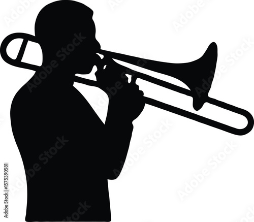 Silhouette of a Trombone Player Jazz Musician Playing Brass Instrument