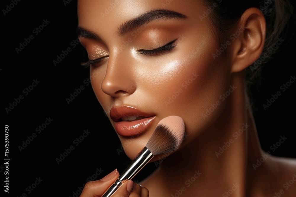 Radiant beauty: A woman with perfect makeup and glowing skin applies powder with a brush in a studio setting. Flawless finish. Radiant beauty: A woman with perfect makeup and glowing skin applies powder with a brush in a studio setting. Flawless finish.