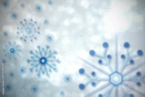 Showing large snowflake with hexagonal center and smaller flakes in winter graphic with bokeh