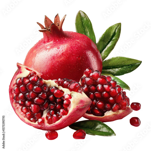 Fresh red pomegranates with vibrant seeds and green leaves isolated on transparent background