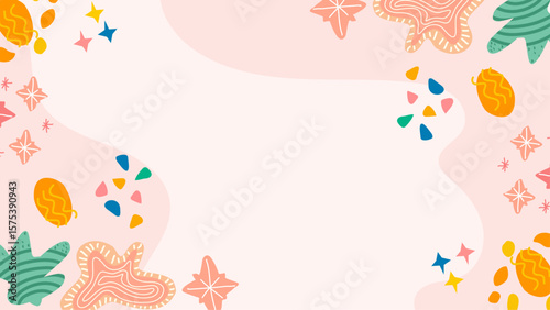 Pink background with colorful abstract shapes and stars suitable for party invitations, social media graphics, and vibrant design projects.