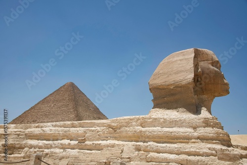 Statue of the Sphinx at the Pyramids of Giza in the Egypt desert