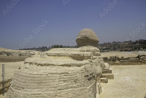 Statue of the Sphinx at the Pyramids of Giza in the Egypt desert