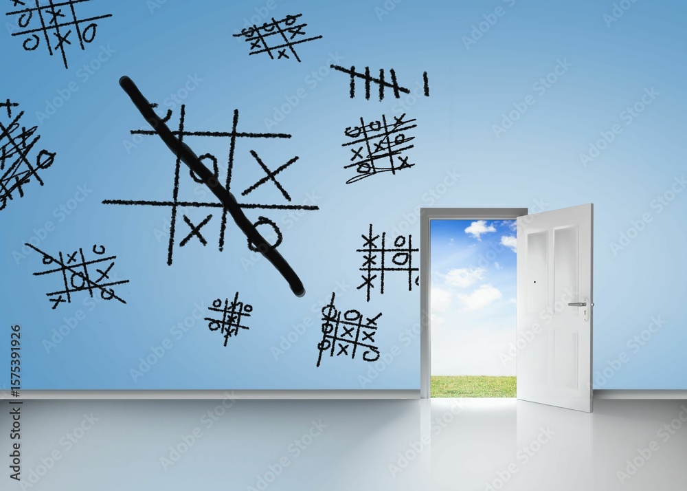 Naklejka premium Brainstorm on blue wall with open door