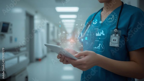 Nurse using AI-powered tablet to monitor patient vitals with floating interface, symbolizing real-time digital healthcare and smart medical innovation