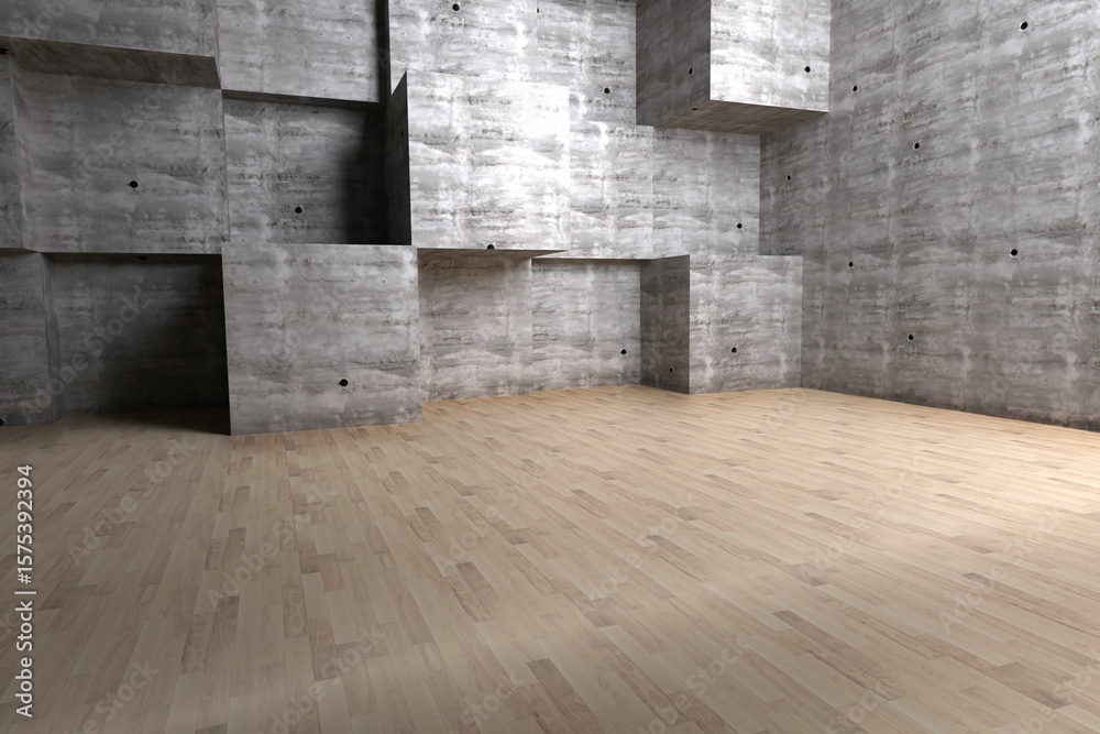 Fototapeta premium Flat vector showing empty loft interior, highlighting wood floor and geometric concrete walls