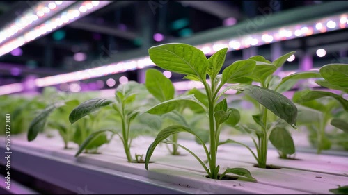 Close-up of growing plants inside an indoor farm illuminated by LED lights. Modern hydroponics technologies.