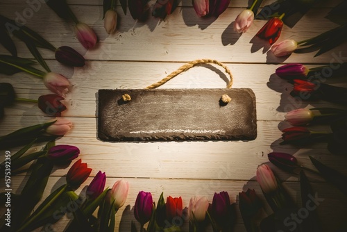 Flat design is showing blank chalkboard sign with rope handle on white plank with tulip wreath