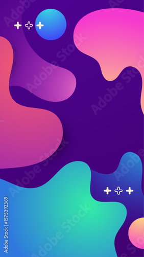 Abstract image with colorful fluid shapes and plus signs. Ideal for web design, backgrounds, and creative projects needing vibrant, dynamic visuals.