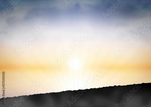 Bright sun is rising over jagged ridge in flat design illustration, casting warm glowing rays