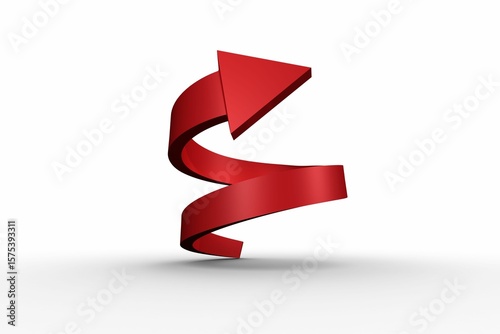 Fotografie Red 3D arrow ribbon is spiraling upward in 3D render with soft shadow, copy spac