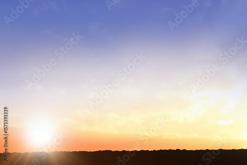 Rising sun is peeking above horizon silhouette in flat design, with warm gradient sky