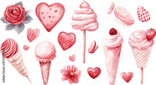 Watercolor Valentine s Day Border with Sweets Hearts and Rose Floral Elements