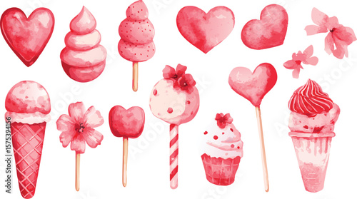 Watercolor Valentine s Day Sweets and Treats Seamless Pattern in Pink and Red